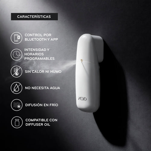 Características del NOID Aroma Diffuser: control por Bluetooth y app, intensidad y horarios programables, sin calor ni humo, no necesita agua, difusión en frío, compatible con Diffuser Oil